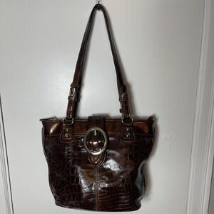 Brown faux croc leather tote bag with silver hardware